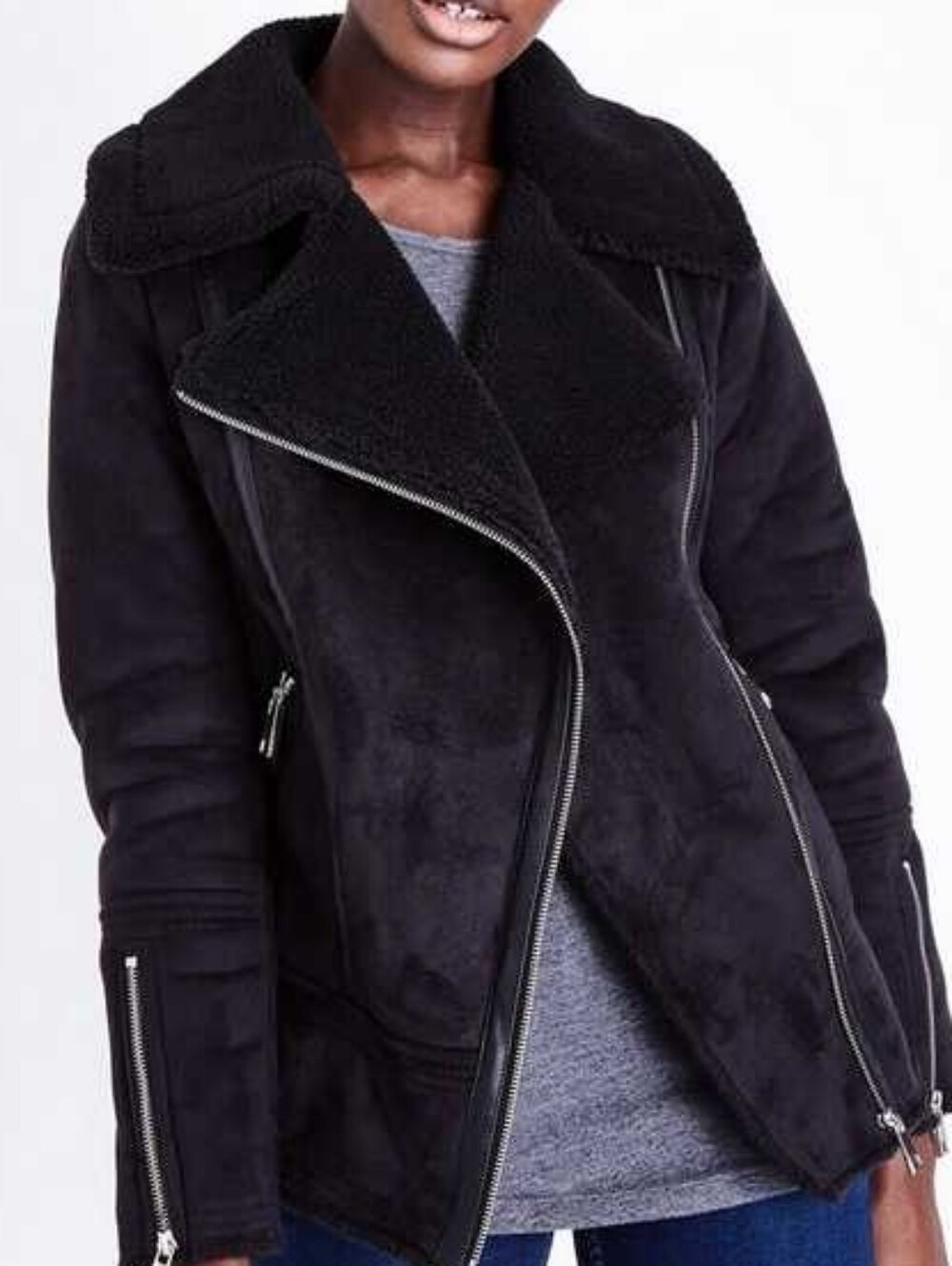 New Look Black Faux-Shearling Moto Jacket